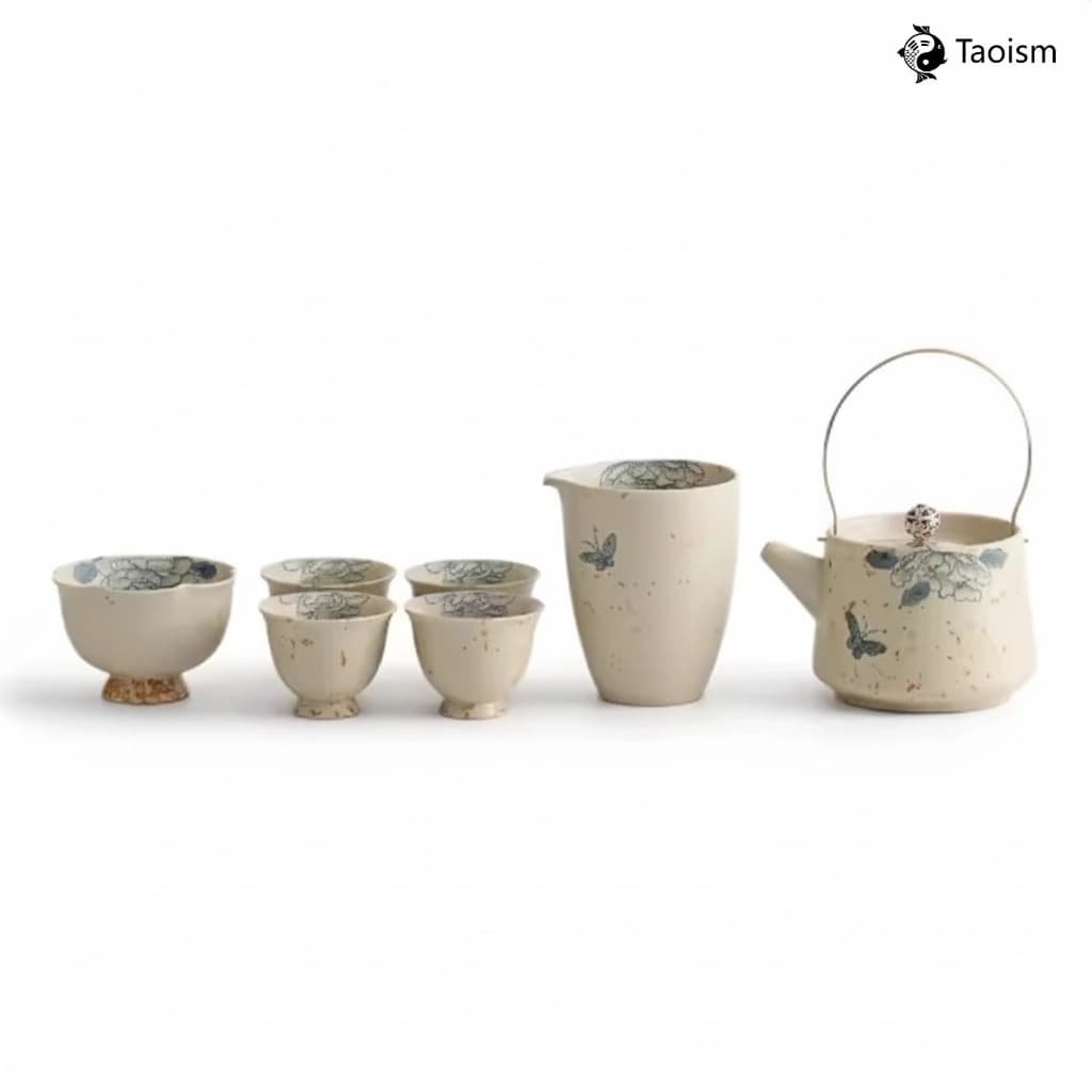 Hand-Painted Blue & White ‘Butterflies & Flowers’ Antique Terracotta Tea Set - Image 3