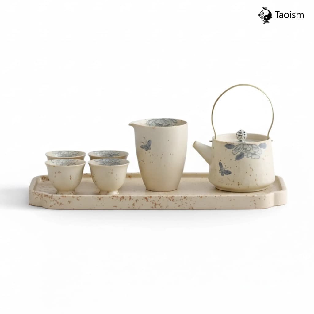 Hand-Painted Blue & White ‘Butterflies & Flowers’ Antique Terracotta Tea Set - Image 4