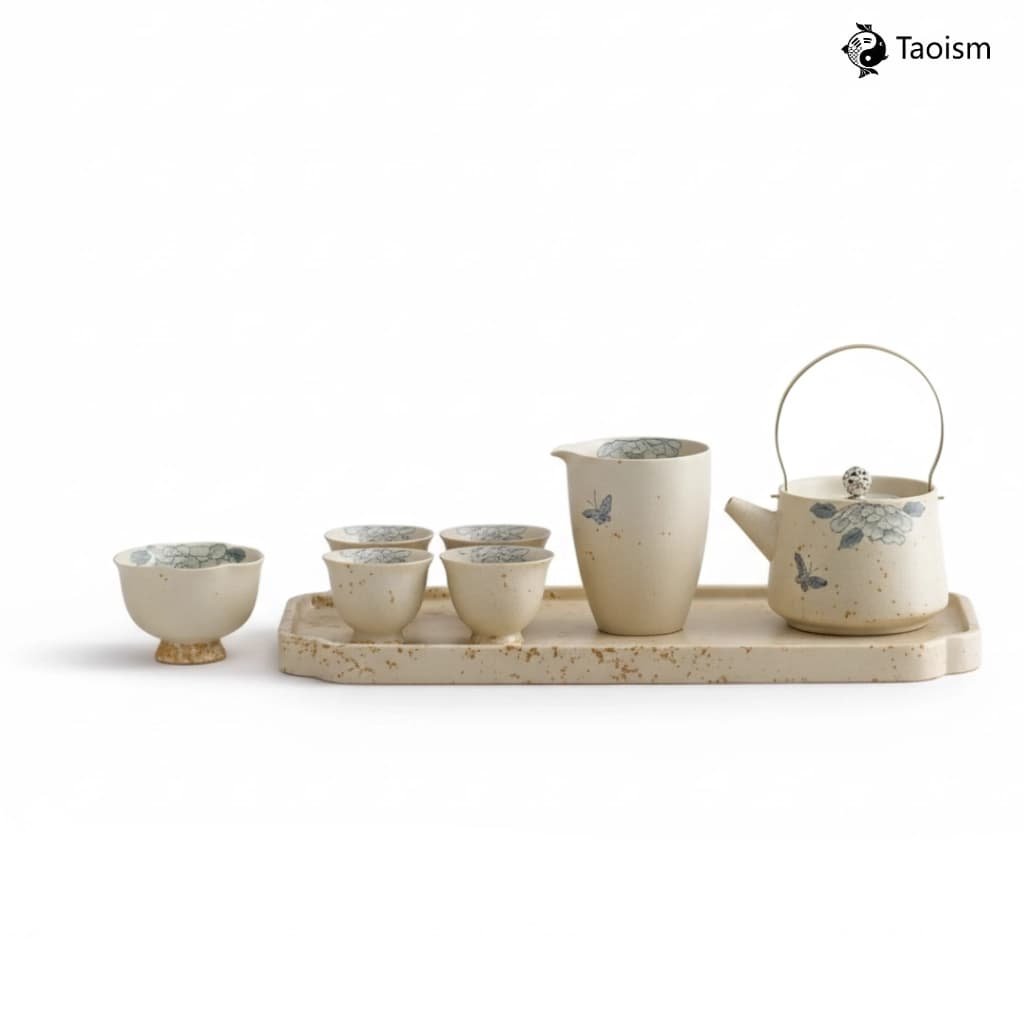 Hand-Painted Blue & White ‘Butterflies & Flowers’ Antique Terracotta Tea Set - Image 5