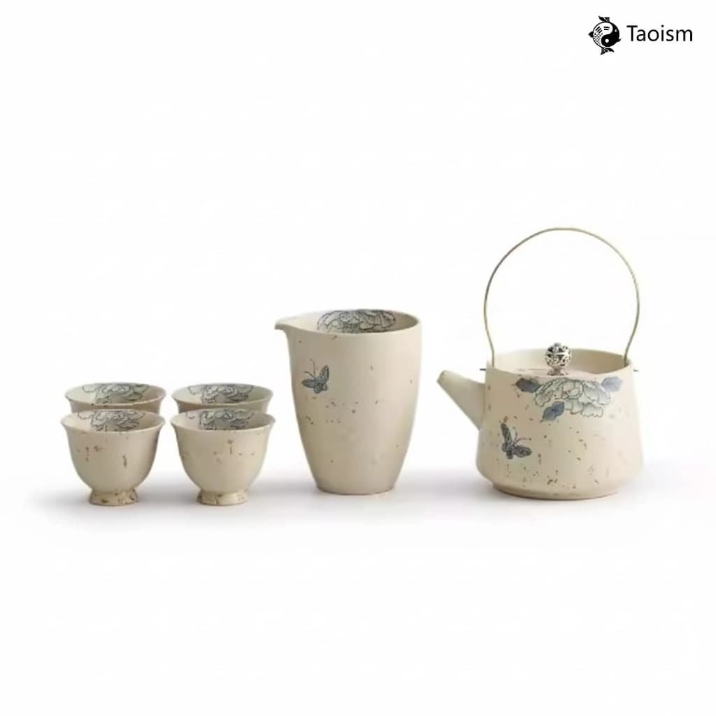 Hand-Painted Blue & White ‘Butterflies & Flowers’ Antique Terracotta Tea Set - Image 2